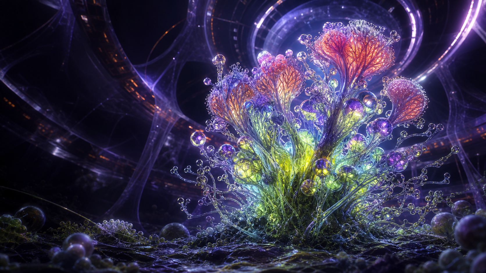 A luminous AI-designed fungal coral culture inside an orbital bioreactor