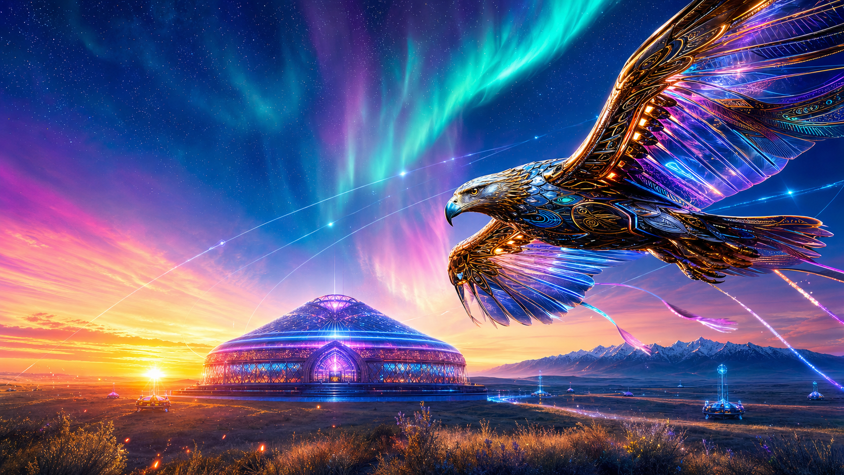 A cybernetic golden eagle flying above a luminous command yurt on the Kazakh steppe