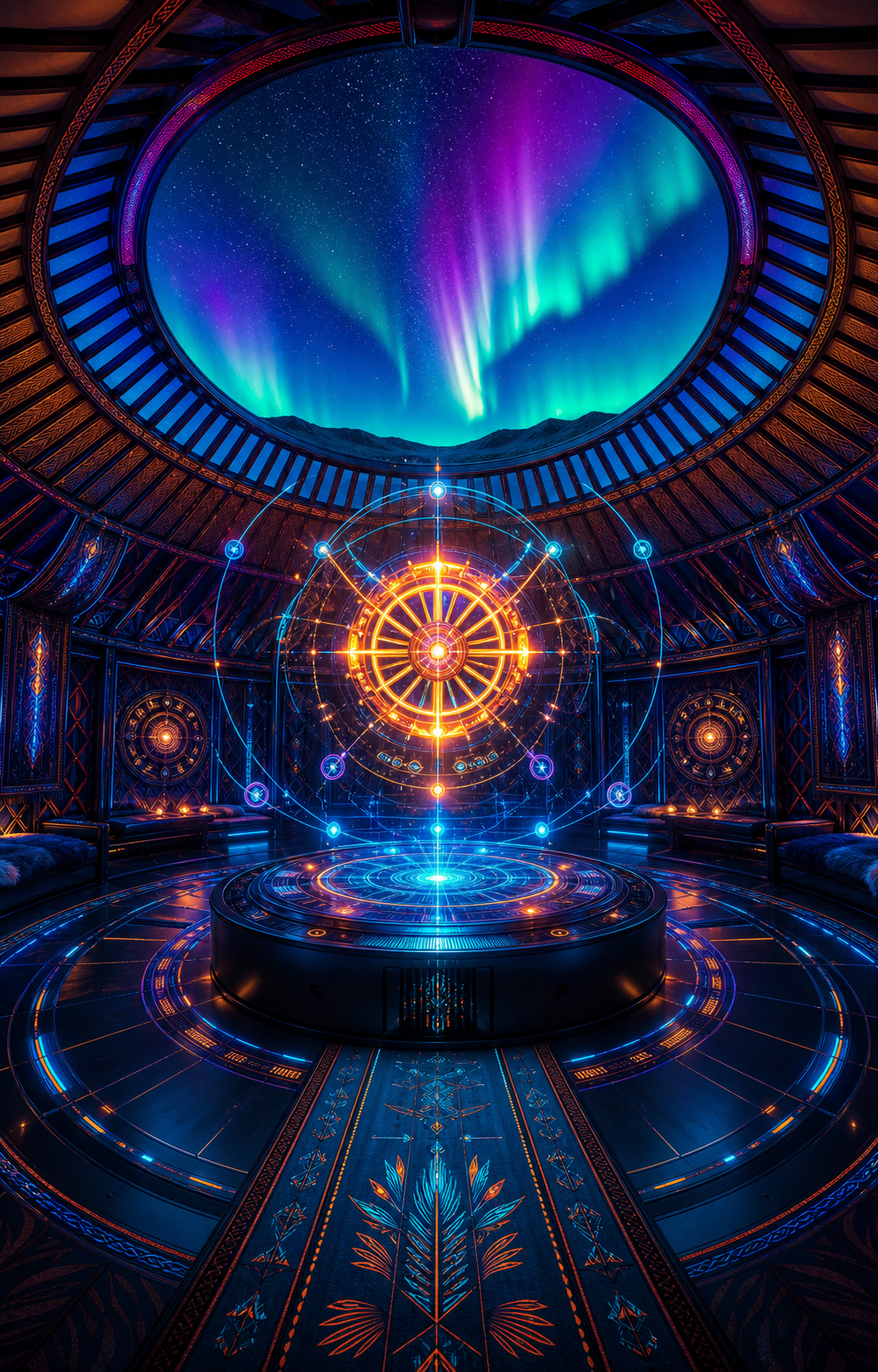 Luminous AI command core inside a futuristic yurt